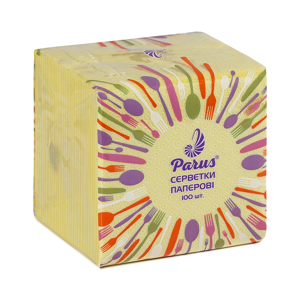 Серветки столові паперові 24х24см, 100 шт., в п/п упаковці, жовті Parus NP006